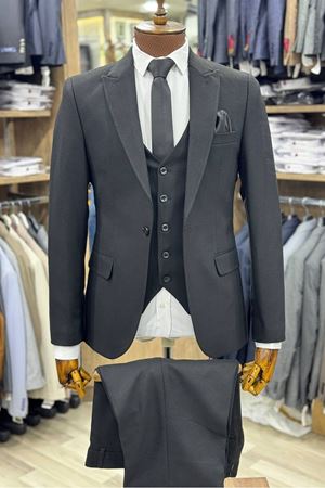 Slimfit Kesim Erkek Armur Desen Yelekli Takım Elbise-SİYAH