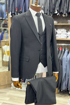 Slimfit Kesim Erkek Armur Desen Yelekli Takım Elbise-SİYAH