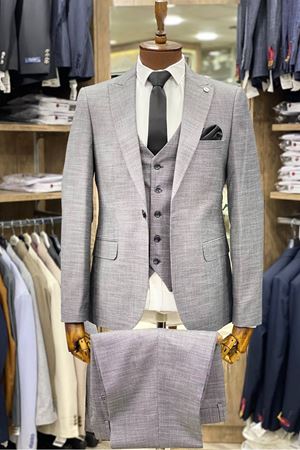Slimfit Kesim Kumas Desenli Erkek Yelekli Takim Elbise-GRİ