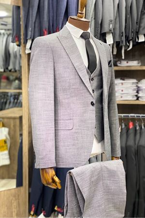 Slimfit Kesim Kumas Desenli Erkek Yelekli Takim Elbise-GRİ