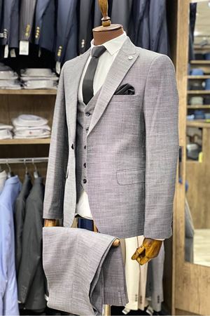 Slimfit Kesim Kumas Desenli Erkek Yelekli Takim Elbise-GRİ