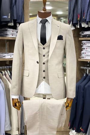 Slimfit Kesim Kumas Desenli Erkek Yelekli Takim Elbise-BEJ