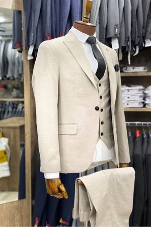 Slimfit Kesim Kumas Desenli Erkek Yelekli Takim Elbise-BEJ