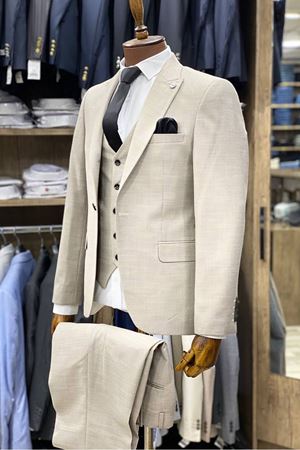 Slimfit Kesim Kumas Desenli Erkek Yelekli Takim Elbise-BEJ