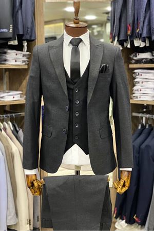 Slimfit Kesim Kumas Desenli Erkek Yelekli Takim Elbise-KÜL