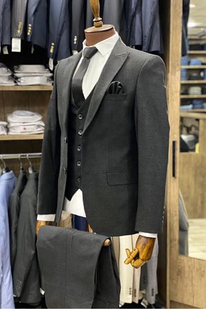 Slimfit Kesim Kumas Desenli Erkek Yelekli Takim Elbise-KÜL