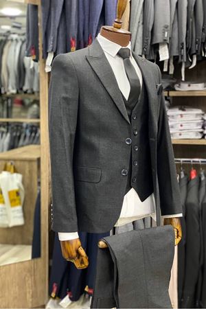 Slimfit Kesim Kumas Desenli Erkek Yelekli Takim Elbise-KÜL