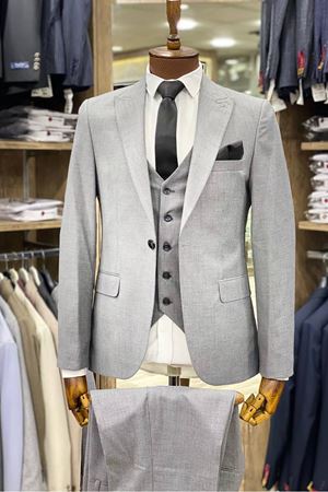 Slimfit Kesim Kumas Desenli Erkek Yelekli Takim Elbise-DUMAN