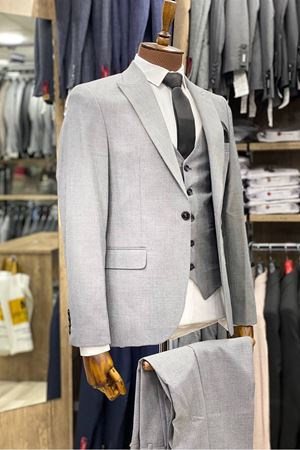 Slimfit Kesim Kumas Desenli Erkek Yelekli Takim Elbise-DUMAN