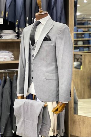 Slimfit Kesim Kumas Desenli Erkek Yelekli Takim Elbise-DUMAN