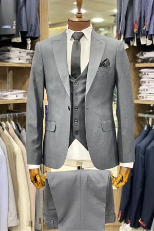 Slimfit Kesim Kumas Desenli Erkek Yelekli Takim Elbise-FÜME