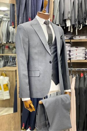 Slimfit Kesim Kumas Desenli Erkek Yelekli Takim Elbise-FÜME