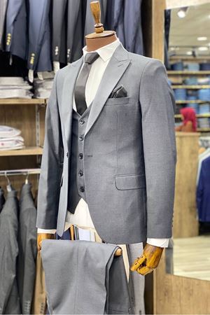 Slimfit Kesim Kumas Desenli Erkek Yelekli Takim Elbise-FÜME