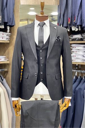 Slimfit Kesim Kumas Desenli Erkek Yelekli Takim Elbise-SİYAH