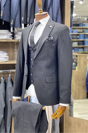 Slimfit Kesim Kumas Desenli Erkek Yelekli Takim Elbise-SİYAH