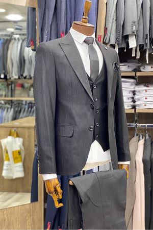 Slimfit Kesim Kumas Desenli Erkek Yelekli Takim Elbise-SİYAH