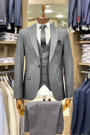 Slimfit Kesim Kumas Desenli Erkek Yelekli Takim Elbise-ANTRASİT