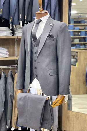Slimfit Kesim Kumas Desenli Erkek Yelekli Takim Elbise-ANTRASİT
