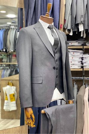 Slimfit Kesim Kumas Desenli Erkek Yelekli Takim Elbise-ANTRASİT