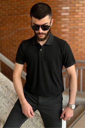 Slimfit Kesim Erkek Jakar Yakalı Desenli Tshirt-SİYAH-909