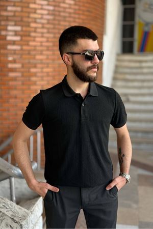 Slimfit Kesim Erkek Jakar Yakalı Desenli Tshirt-SİYAH-909