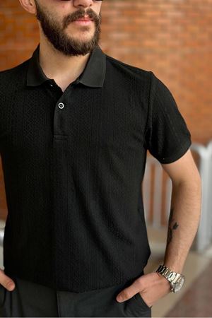 Slimfit Kesim Erkek Jakar Yakalı Desenli Tshirt-SİYAH-909