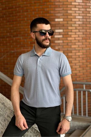 Slimfit Kesim Erkek Jakar Yakalı Desenli Tshirt-MAVİ-909
