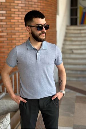 Slimfit Kesim Erkek Jakar Yakalı Desenli Tshirt-MAVİ-909