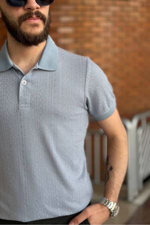 Slimfit Kesim Erkek Jakar Yakalı Desenli Tshirt-MAVİ-909