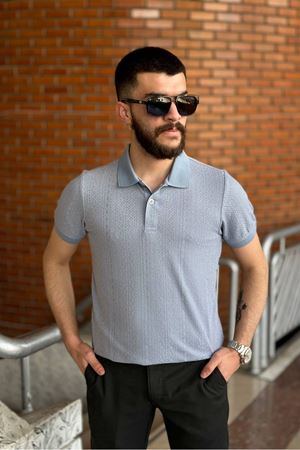 Slimfit Kesim Erkek Jakar Yakalı Desenli Tshirt-MAVİ-909