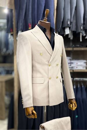 Slimfit Kesim Erkek Kruvaze Cizgili Takım Elbise-KREM
