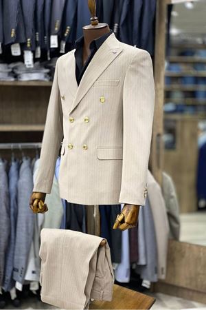 Slimfit Kesim Erkek Kruvaze Cizgili Takım Elbise-KREM