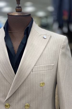 Slimfit Kesim Erkek Kruvaze Cizgili Takım Elbise-KREM