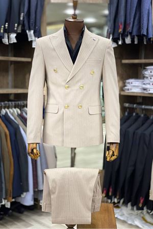 Slimfit Kesim Erkek Kruvaze Cizgili Takım Elbise-KREM