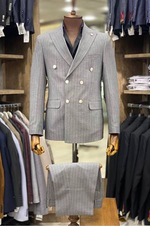 Slimfit Kesim Erkek Kruvaze Cizgili Takım Elbise-DUMAN