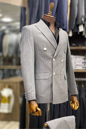 Slimfit Kesim Erkek Kruvaze Cizgili Takım Elbise-DUMAN