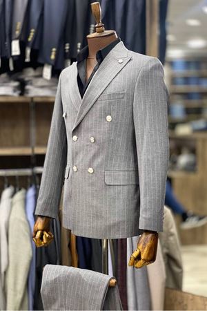 Slimfit Kesim Erkek Kruvaze Cizgili Takım Elbise-DUMAN