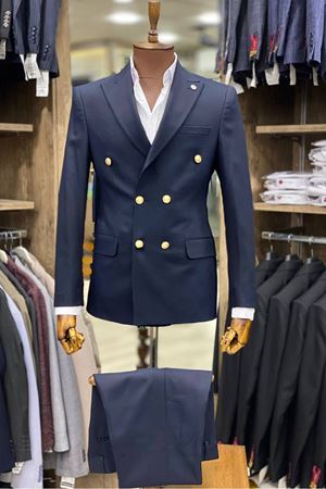 Slimfit Kesim Erkek Kruvaze Duz Desen Takım Elbise-LACİVERT