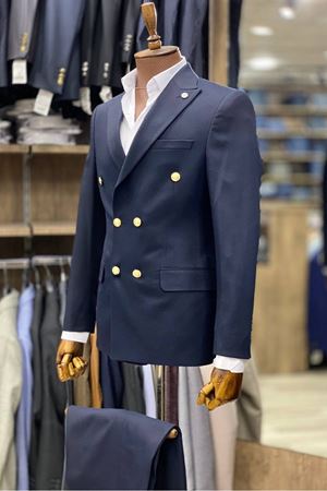 Slimfit Kesim Erkek Kruvaze Duz Desen Takım Elbise-LACİVERT