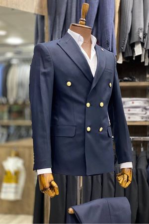 Slimfit Kesim Erkek Kruvaze Duz Desen Takım Elbise-LACİVERT