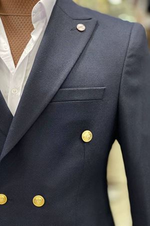 Slimfit Kesim Erkek Kruvaze Duz Desen Takım Elbise-LACİVERT