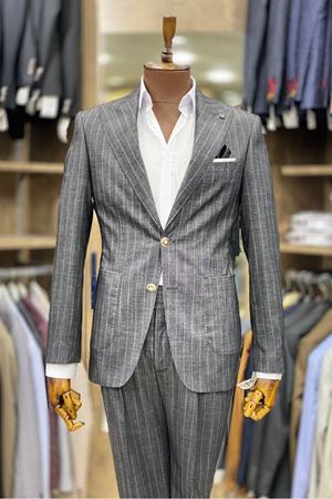 Slimfit Kesim Erkek Pileli Kemer Pantolon Cizgili Takim Elbise-GRİ