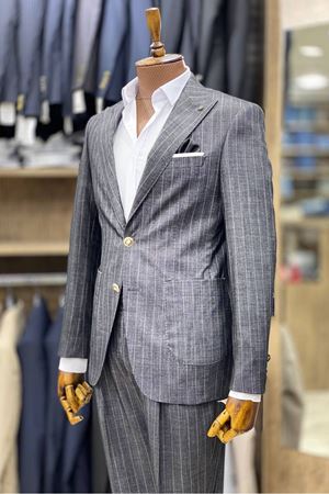 Slimfit Kesim Erkek Pileli Kemer Pantolon Cizgili Takim Elbise-GRİ