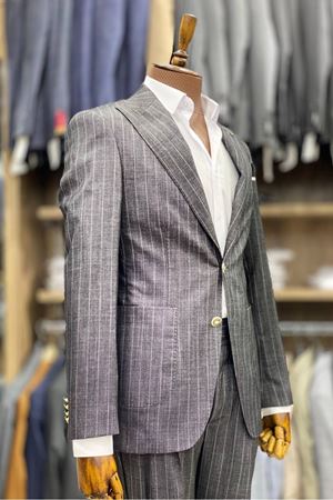 Slimfit Kesim Erkek Pileli Kemer Pantolon Cizgili Takim Elbise-GRİ