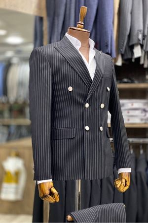 Slimfit Kesim Erkek Kruvaze Cizgili Takım Elbise-SİYAH