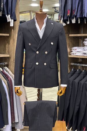 Slimfit Kesim Erkek Kruvaze Cizgili Takım Elbise-SİYAH