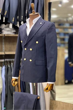 Slimfit Kesim Erkek Kruvaze Cizgili Takım Elbise-LACİVERT