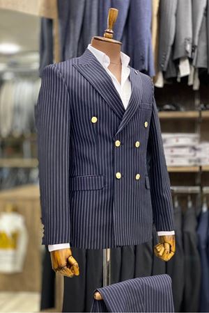 Slimfit Kesim Erkek Kruvaze Cizgili Takım Elbise-LACİVERT