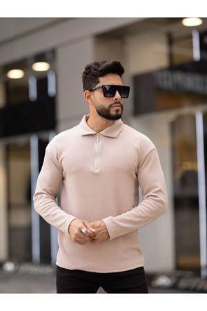 Slimfit Kesim Erkek Yakalı Yarım Fermuarlı Uzun Kollu Sweathsirt-KREM