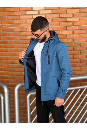 Slimfit Kesim Duz Desen Mevsimlik Kapşonlu Mont-MAVİ